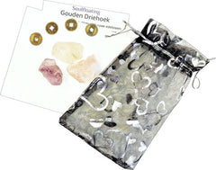 Mini Gouden Driehoek Edelstenen - Amethist - Bergkristal Punt - Rozenkwarts - Incl. Geschenktasje én Geluksmuntje