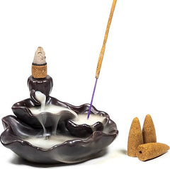 Backflow waterval wierookbrander Lotusvijver -11x8x6cm - geleverd met 1 pakje backflow kegels en 1 doosje Satya wierook (15 gr)