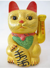 Lucky Cat glitter goud (Groot) met beweegbare arm - met gelukspoppetje