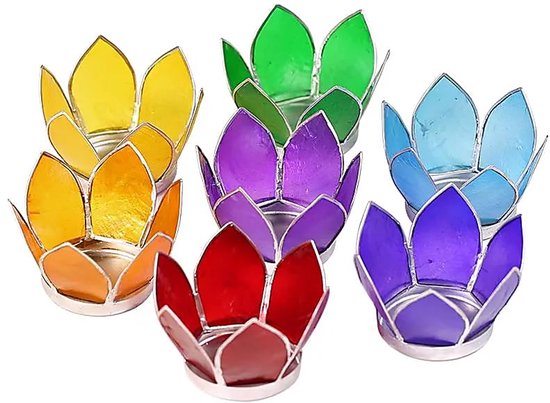 Set van 7: Lotus sfeerlicht klein chakra zilverrand - 8 - Schelp - Meerkleurig - Zilverkleurig - L