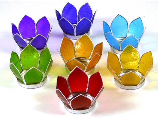 Set van 7: Lotus sfeerlicht klein chakra zilverrand - 8 - Schelp - Meerkleurig - Zilverkleurig - L