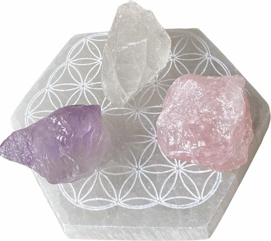 Gouden Driehoek Edelstenen - Amethist - Bergkristal - Rozenkwarts - katoenen geschenktasje