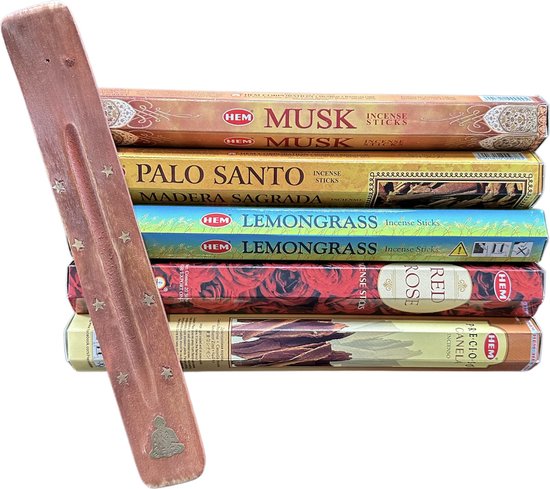 HEM Wierook Pakket - 5 heerlijke geuren - wierook stokjes - Musk - Palo Santo - Lemongrass -Red Rose - Cinnamon