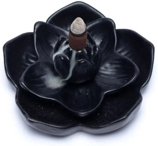 Backflow waterval wierookbrander Lotusbloem -- 12.7x12.7x5.8cm - geleverd met 2 pakjes Satya Back Flow kegels en een pakje Hem wierook White Sage