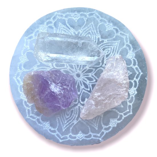 Mini Gouden Driehoek Edelstenen - Amethist - Bergkristal Punt - Rozenkwarts - Incl. Geschenktasje én Geluksmuntje