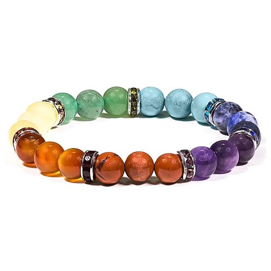 Armband 7 chakra's elastisch ; circa 0,9 cm -in geschenktasje met geluksmuntjes
