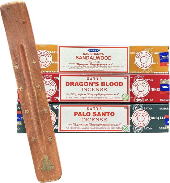 SATYA voordeelpakket 15 grams - Satya Wierook Pakket - Sandalwood - Dragon's Blood - Palo Santo - Incense Sticks - wierook stokjes