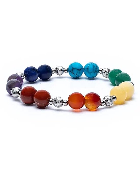 Armband 7 chakra's elastisch -- ±0.7 cm - in geschenktasje met geluksmuntjes