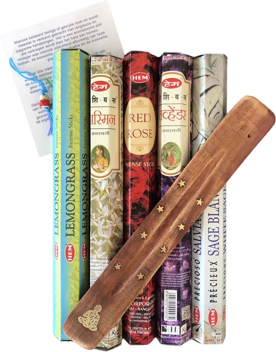 HEM Wierook Assortiment - 5 heerlijke geuren - wierook stokjes - Lemongrass - Lavendel - White Sage - Jasmijn - Red Rose