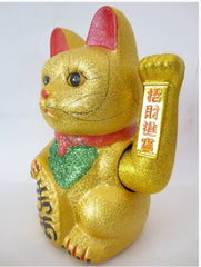 Lucky Cat glitter goud (Middel) met beweegbare arm - met een gelukspoppetje