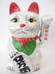 Lucky Cat glitter zilver (Klein) met beweegbare arm - met een gelukspoppetje